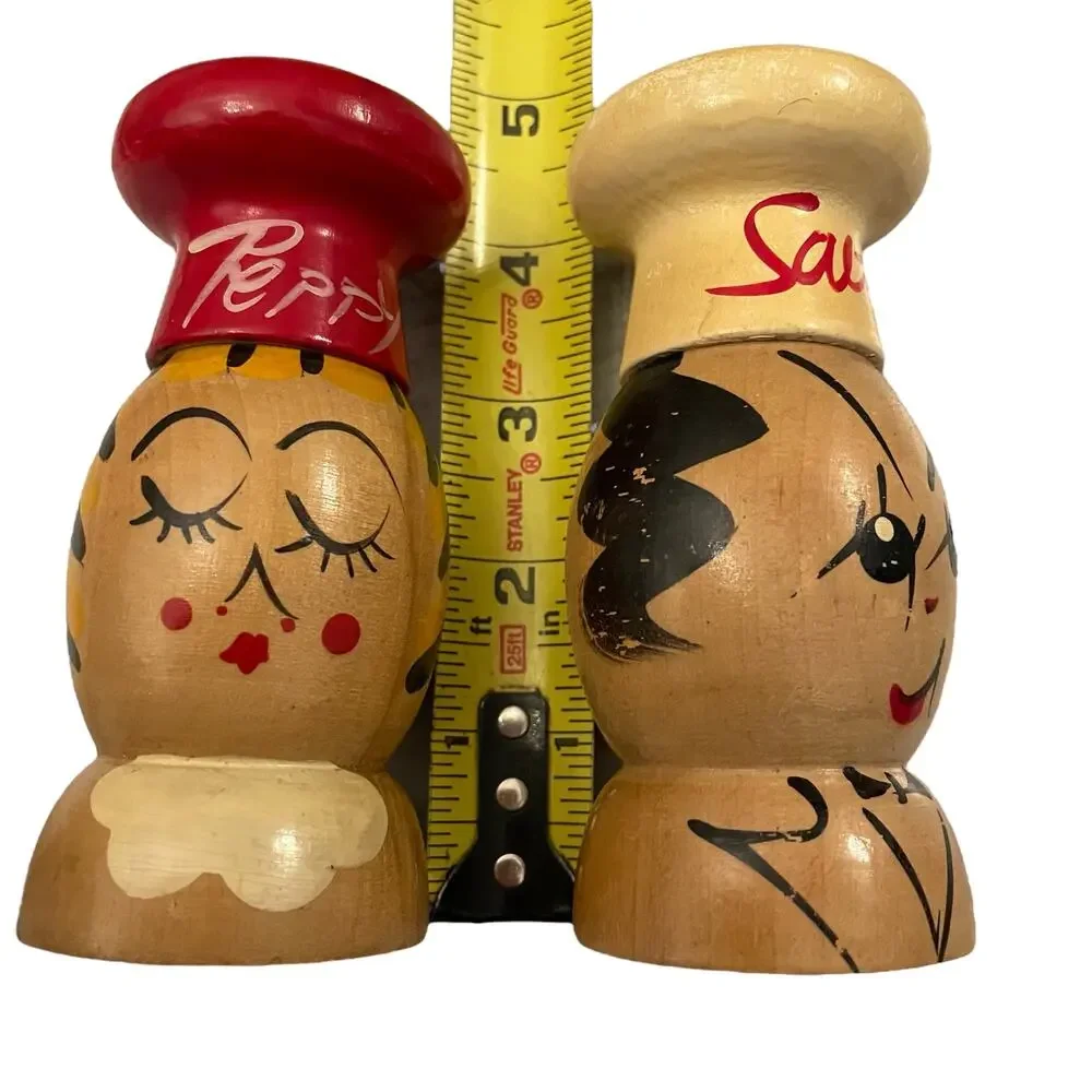 Vintage Salty & Peppy Wooden Salt & Pepper Shakers Japan MCM Hand Painted